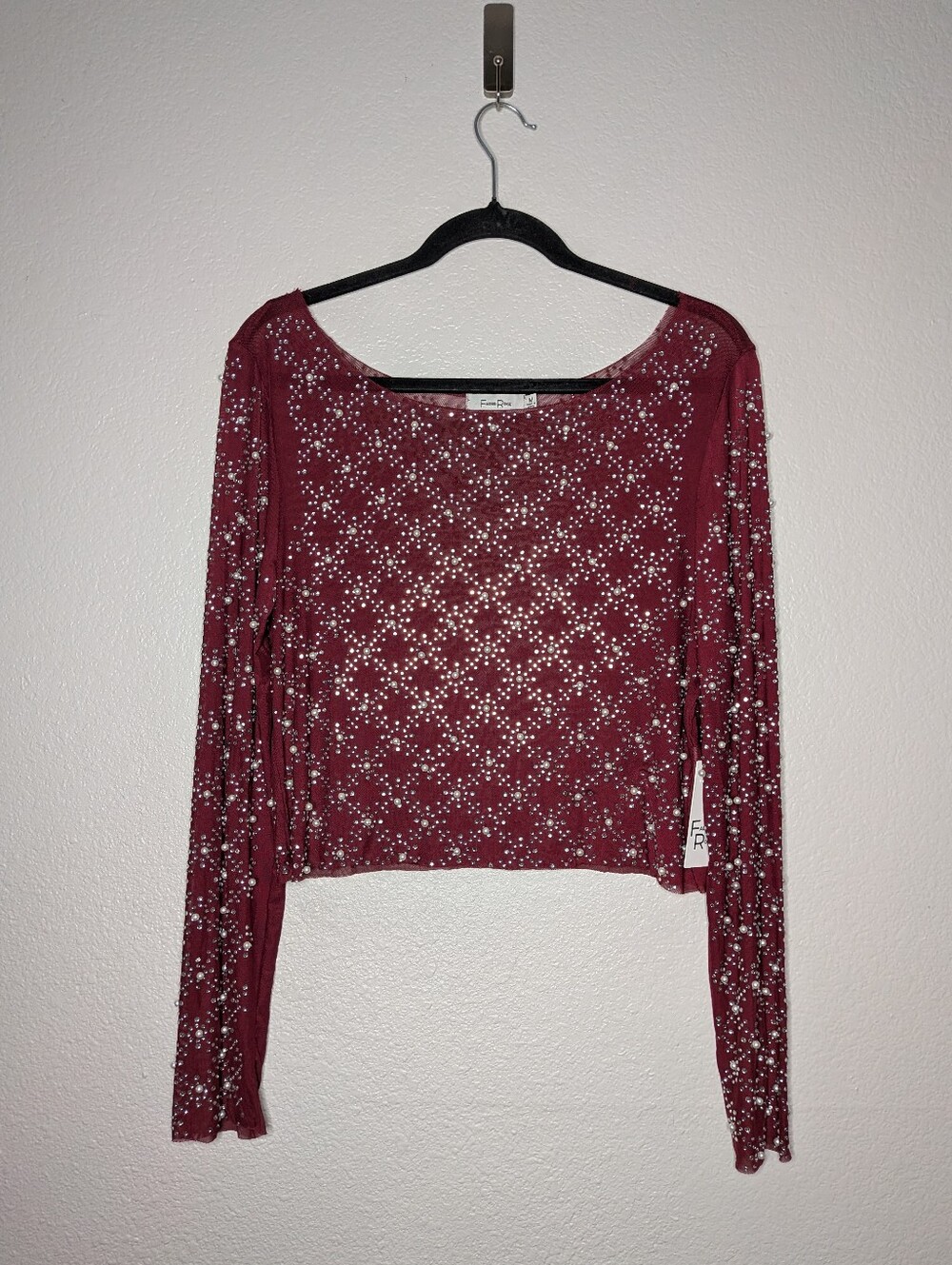 New Faded Rose Red Maroon Pearl Sparkly Embellished Mesh Sheer Crop Top M NWT